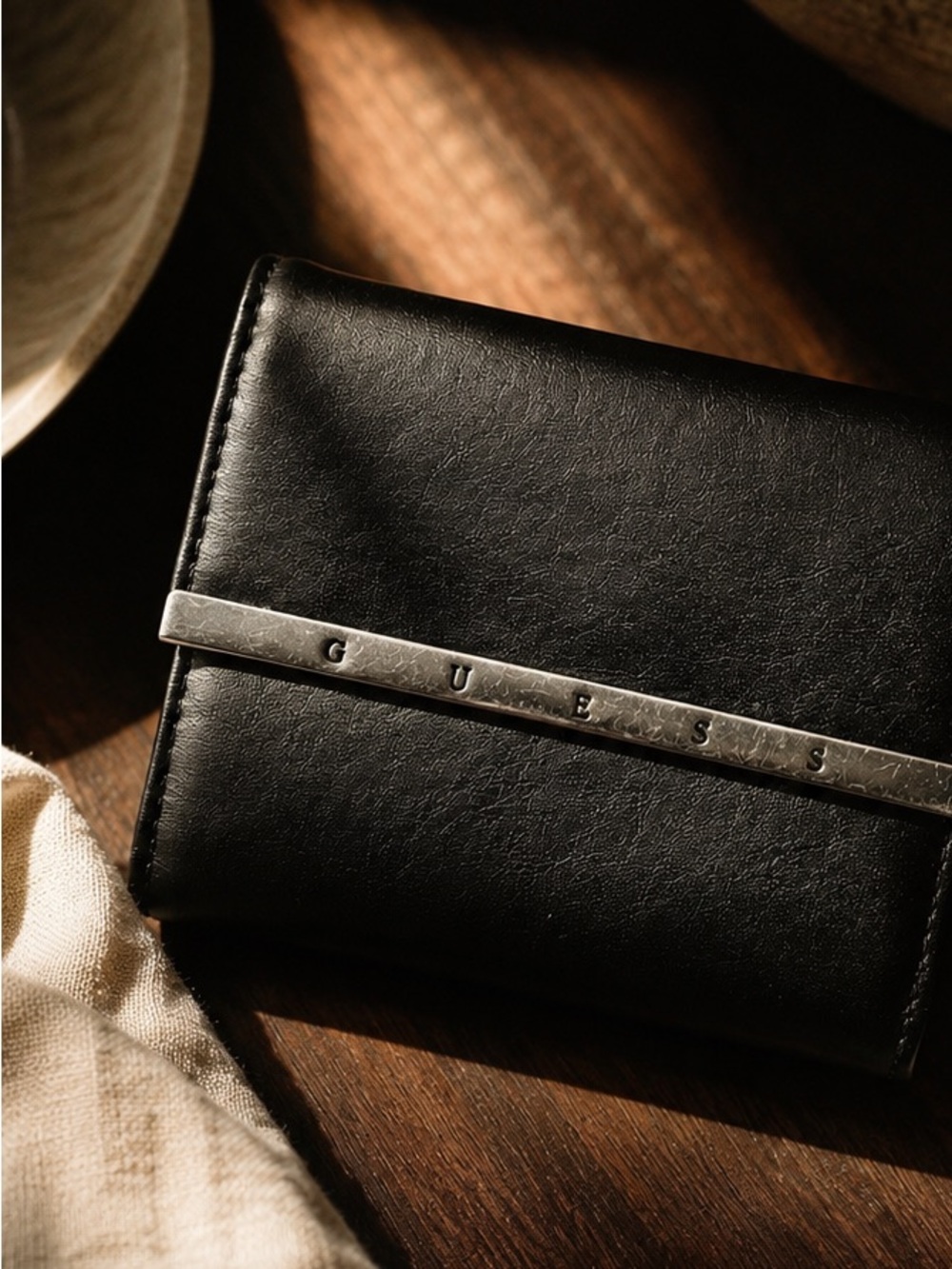 Vintage 90s GUESS Black Wallet | Minimalist Silver Branded Bar
